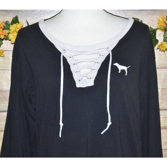 Pink Victoria Secret Size S Long Sleeve Shirt Drawstring V-Neck Dog Logo Casual - Picture 5 of 11